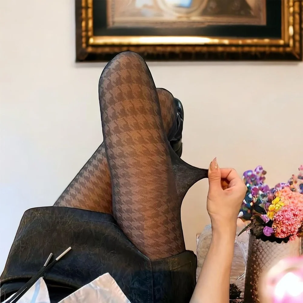 Houndstooth Black Pantyhose, High Waist Elastic‎ Footed Pantyhose One Size